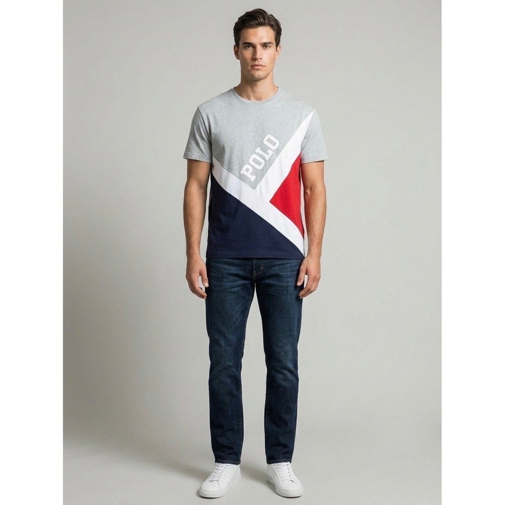 Polo Ralph Lauren Mens Classic Fit Colorblock Logo T-Shirt Grey Navy Red Large